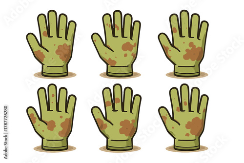 Six dirty green zombie hands icons with brown spots and splatters