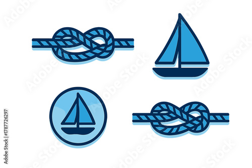 Set of nautical sailing boat and rope knot symbols in deep blue colors