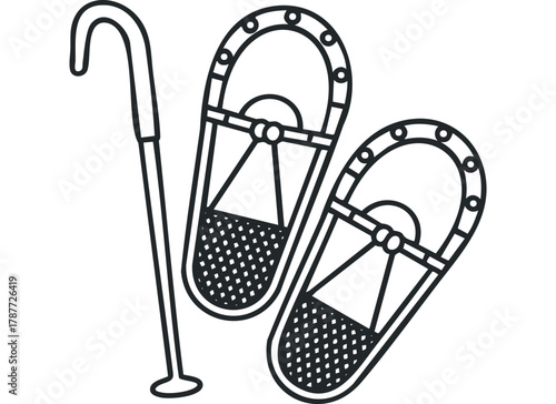 Pair of Snowshoes and Walking Cane Line Art