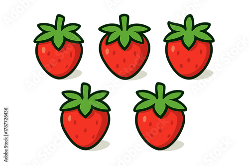 Five stylized red strawberries with green tops isolated on white background