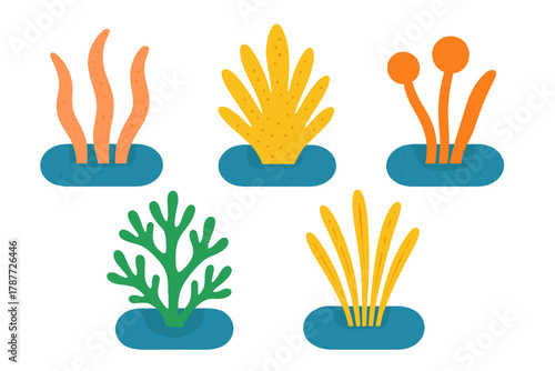 Colorful stylized sea plants and coral growing from seabed