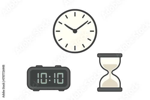Analog clock digital display and hourglass measuring time concept