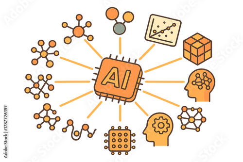 Artificial intelligence concept with central processing unit and network icons