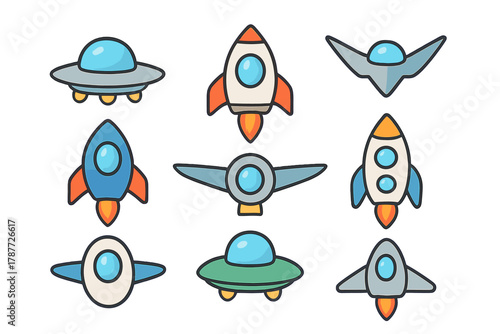Cartoon space rockets and flying saucers icons collection