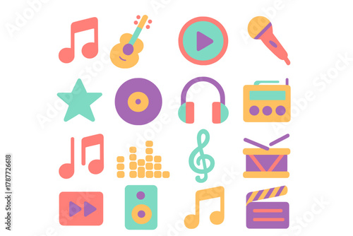 Colorful flat icons representing music and audio playback elements