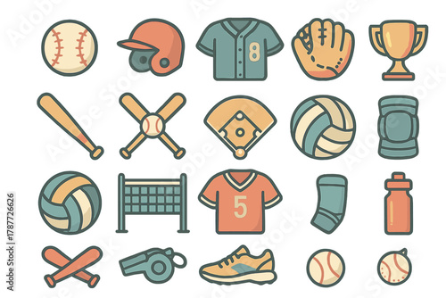 Colorful icons of athletic gear and sportswear equipment
