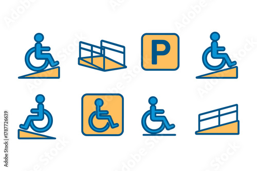 Collection of accessibility signs featuring wheelchair ramps and parking symbols