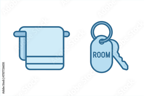 Hotel room key tag and neatly folded towel icon collection