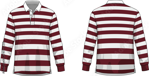 Flat sketch of striped rugby shirt front and back view, long sleeve athletic fashion apparel vector illustration for stock content