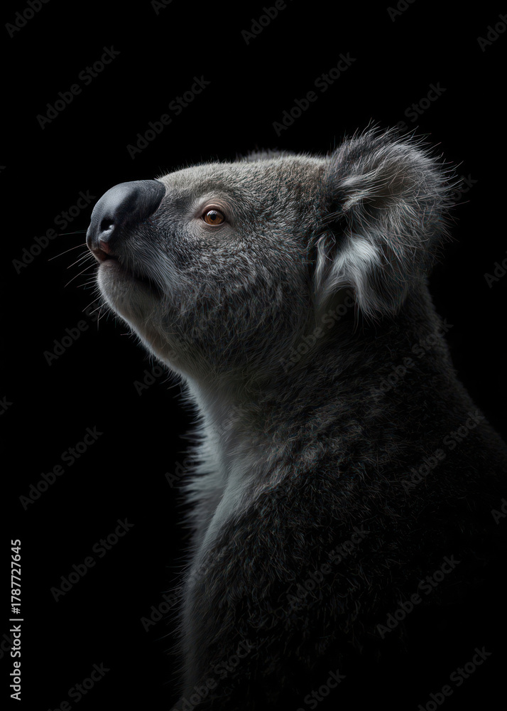 Fototapeta premium Striking Koala Portrait Looking Upwards, Side View, Close-Up, Dramatic Low Key Lighting, Dark Background, Australia, Wildlife