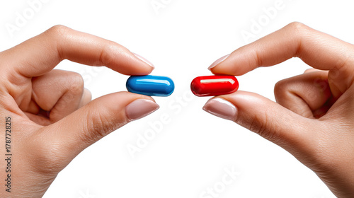 Pills in Hand: A close-up shot presents a pivotal choice between red and blue pills held delicately between fingers, hinting at a metaphoric decision