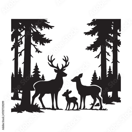 Majestic Deer Family Silhouette in an Enchanting Forest - Elegant Wildlife Vector Illustration for Nature-Inspired Graphic Design and Decorative Elements