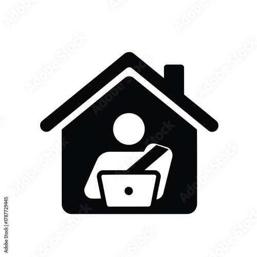 Vector art of person working remotely from home with laptop, sitting in a house icon concept of remote work, telecommuting, and flexible work arrangements