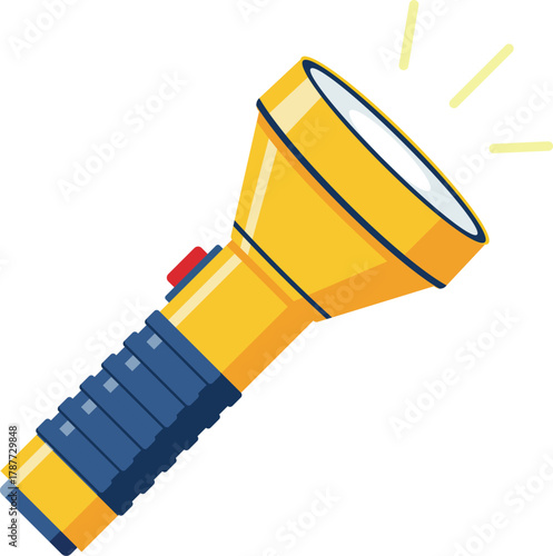 A yellow flashlight shines brightly with a blue grip on a white, isolated background.