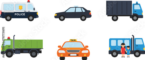 PrintIllustrated police van, patrol car, cargo trucks, green service truck, orange taxi, transportation vehicles with children, modern flat design vector set