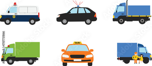 PrintIllustrated police vehicles, emergency car, cargo trucks, delivery truck, taxi cab, transportation icons, service vehicles collection, flat design automotive set, vector graphics