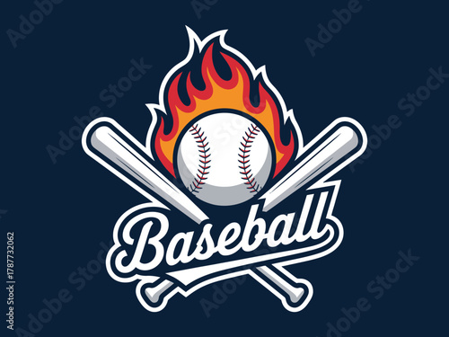 Baseball logo with fire and bats, hot burning baseball ball symbol for sports club, competitive game poster, mascot, and energy-filled branding design.