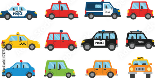 Printpolice car icons, taxi vehicle set, cartoon automobile collection, colorful transportation fleet, emergency patrol cars, urban city taxi, traffic cars illustration, vector vehicles design