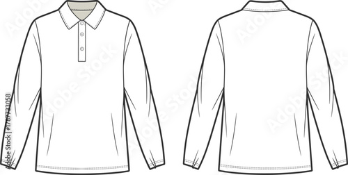 PrintMen long sleeve polo shirt technical flat sketch, vector fashion design template, front and back view, clothing outline, apparel illustration