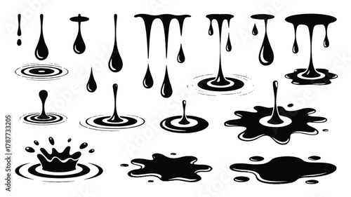 Collection of black ink drops and splashes for artistic design and creative projects, featuring various shapes and sizes