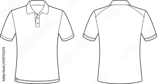 PrintMen polo shirt front and back view, fashion flat sketch, short sleeve collar design, technical clothing vector, casual wear illustration