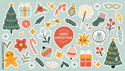 Vector set of cute Christmas stickers with festive elements trees, gifts, candy canes, gingerbread, snowman, and decorations. Holiday simple collection for cards, planners, stickers and crafts