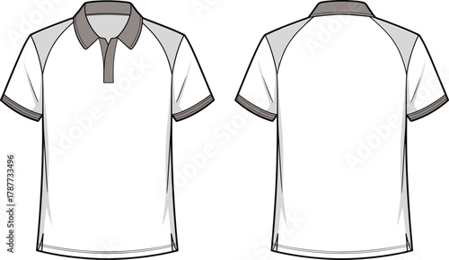 PrintMen’s polo shirt technical flat, short sleeve collar t-shirt template, fashion design sketch, garment construction drawing, apparel vector illustration