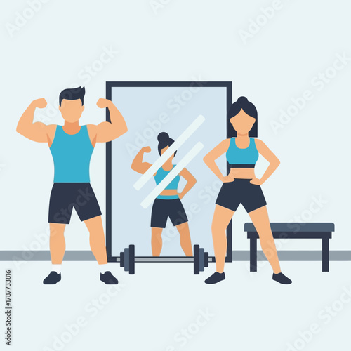 Man and woman posing flexing muscles in front of a mirror in a gym.