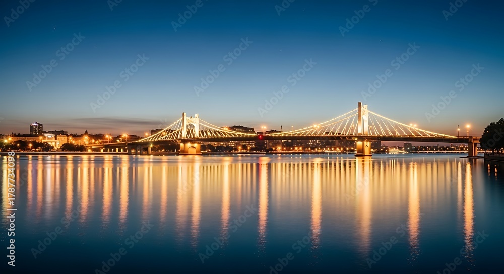 Fototapeta premium Illuminated Bridge Reflecting in Water at Night.