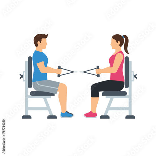 Two people sit on benches exercising with resistance bands facing each other.