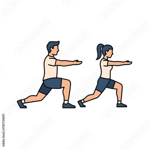 Man and woman performing lunges exercise stretching arms forward in matching outfits.