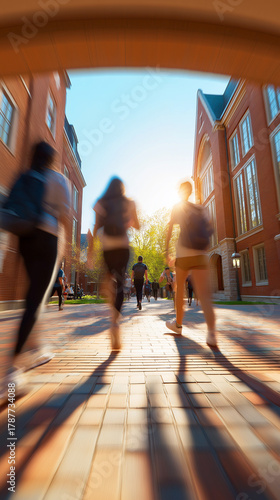 People walking through a brick street between buildings at sunset creating long shadows.
