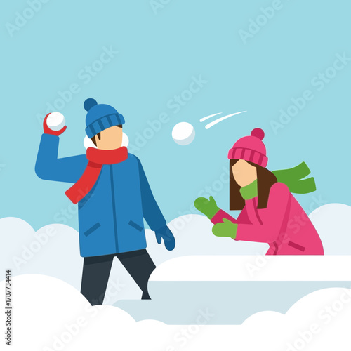 Two people playing in snow throwing snowballs wearing winter clothes.