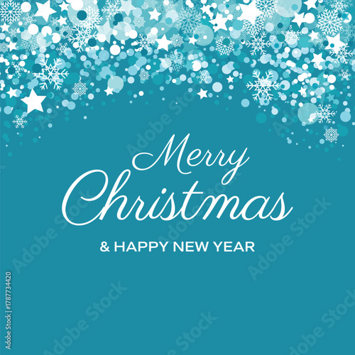 Luxury shiny Christmas greeting card with glittering teal background vector illustration. Blue-green festive sparkle background with the inscription Merry Christmas. Template for banner, card