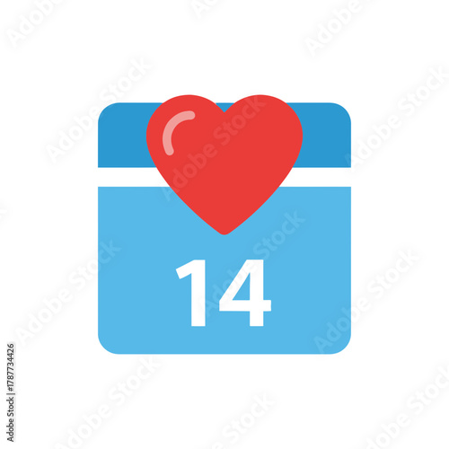 Blue calendar icon with number 14 and a red heart shape.