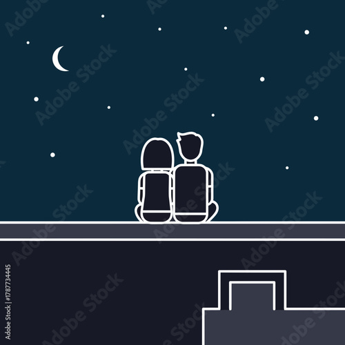 Two figures sit together under a starry sky with a crescent moon.