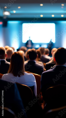 Wallpaper Mural Audience listening to a speaker during a conference in a dark hall illuminated by warm light.
 Torontodigital.ca
