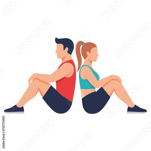 Two people sit back to back with knees bent in a resting position.
