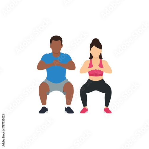 Man and woman doing squats with hands together in front of chest.