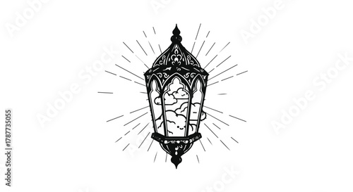Whimsical lantern holding a cloudy sky, radiating light and wonder.
