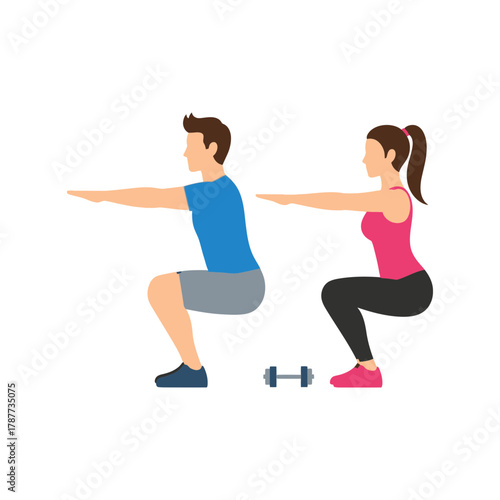 Man and woman doing squats with arms extended dumbbell on the floor.