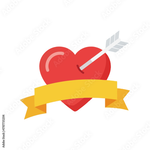 Red heart pierced by arrow with yellow ribbon banner design element.