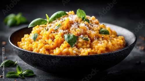 Fototapeta Naklejka Na Ścianę i Meble -  Delicious bowl of creamy risotto with basil and parmesan cheese