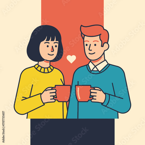 Two people holding mugs looking at each other with a heart symbol.