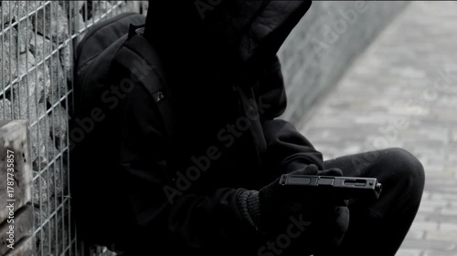 unrecognizable killer, bandit, or man in a hood and mask leaning against a wall, in ambush, reloading a pistol magazine and firing a shot, armed assault, robbery
