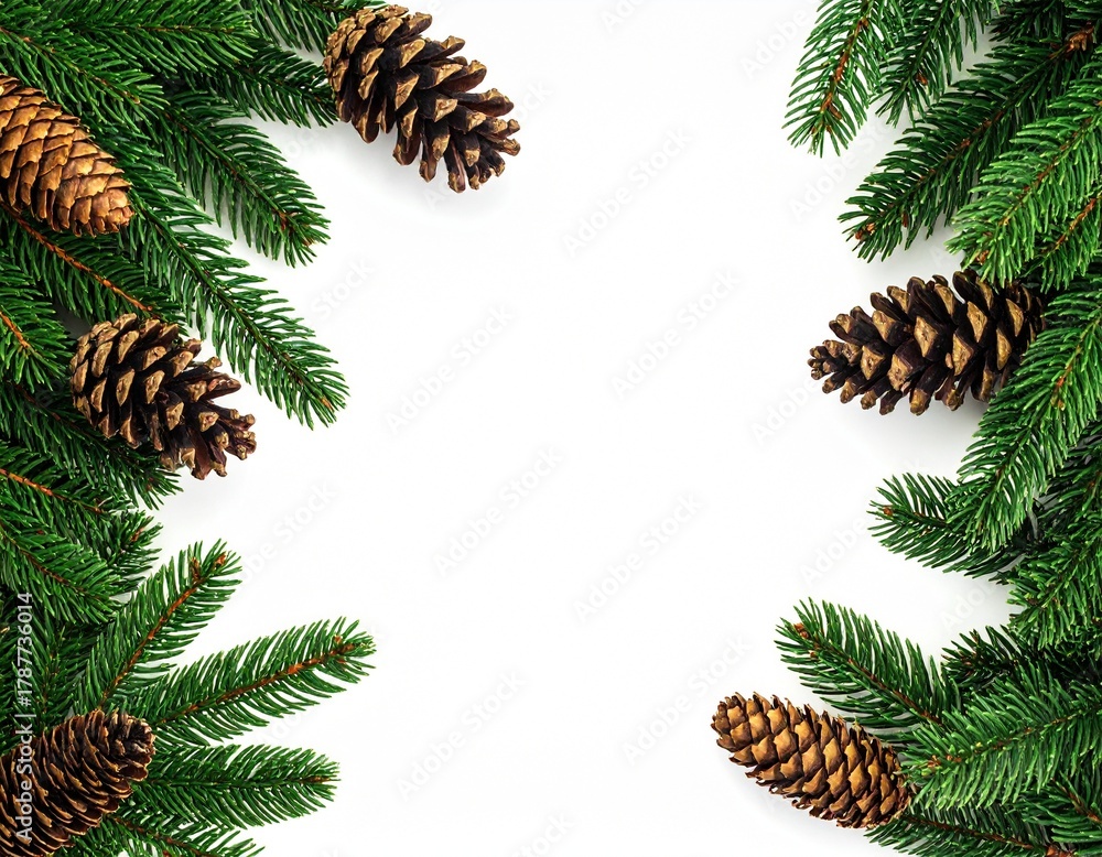 Naklejka premium christmas frame with tree branches with cones isolated on white background