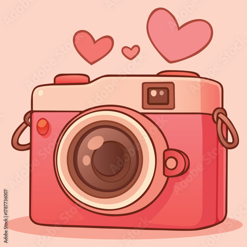 Cute pink cartoon camera with floating hearts illustration of love Vector illustration