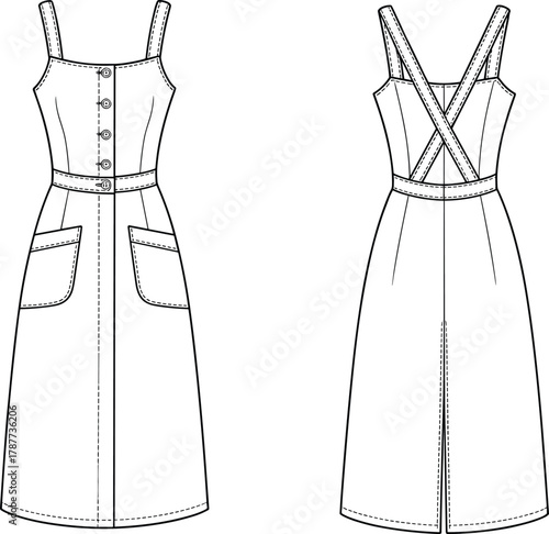 Front and Back View of Sleeveless Pinafore Dress with Pockets and Cross Back Straps, Vector Fashion Sketch for Sewing Pattern