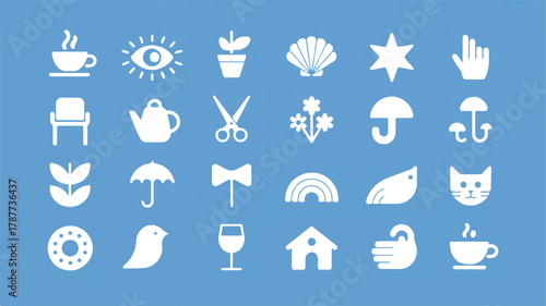 A collection of white icons isolated on blue background, featuring everyday objects and symbols, creating a clean and minimalist aesthetic design
