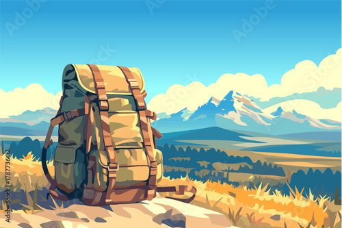 A hiking backpack in nature with mountains in the background, vector illustration